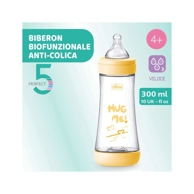 Chicco Biberon Neonato Perfect 5 Biberon Giallo Flusso Veloce 300 ml 4Mesi+-2