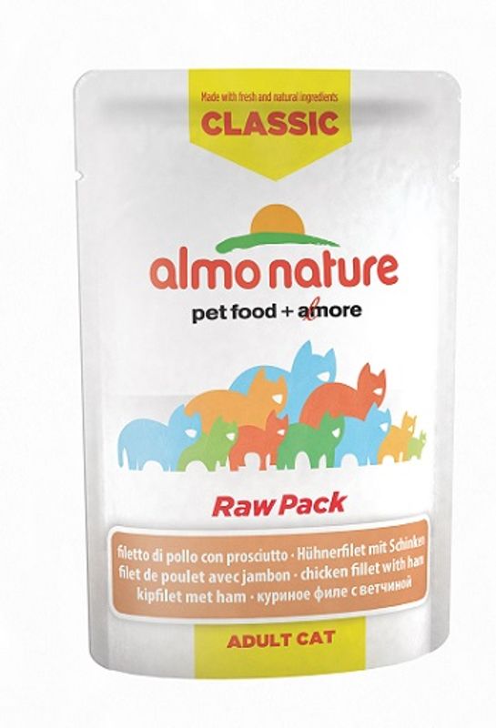 Almo Nature HFC Raw Pack Filetto di Pollo e Prosciutto alimento umido per gatti adulti 55g-1