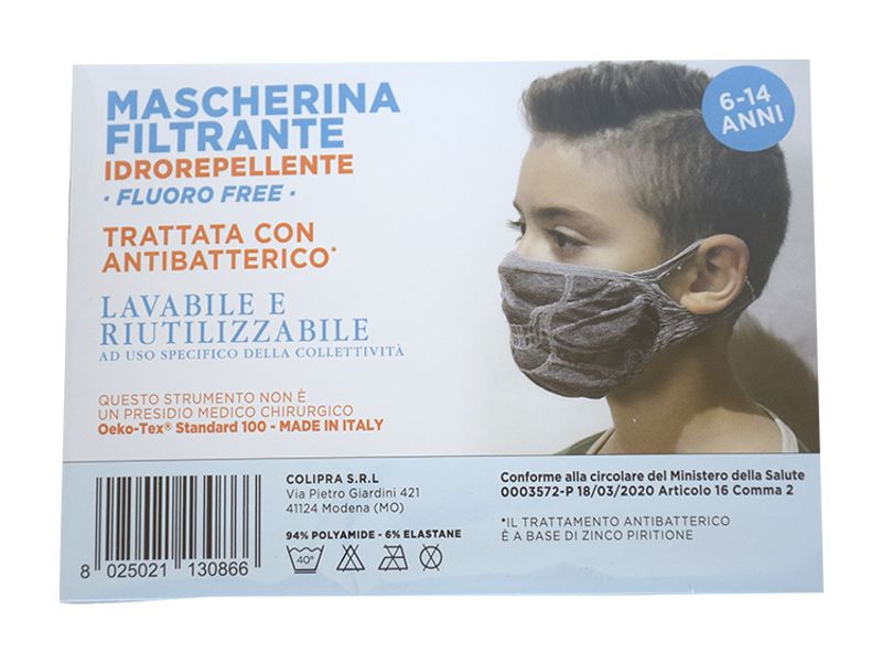 Colipra Mascherina Filtrante Idrorepellente Lavabile 6-14 Anni Bambino colore grigio 1 pezzo-1