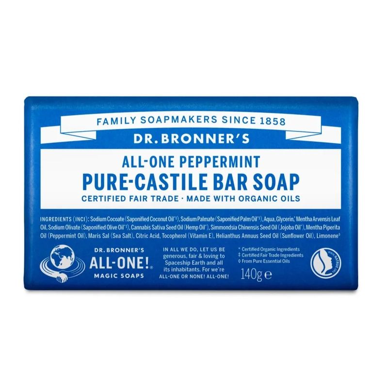 Dr. Bronner's Peppermint puro sapone solido bio alla menta piperita 140g-1