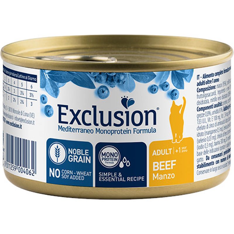Exclusion Mediterraneo Monoprotein Noble Grain Cibo Umido Manzo Gatti Adulti Lattina 85g-1