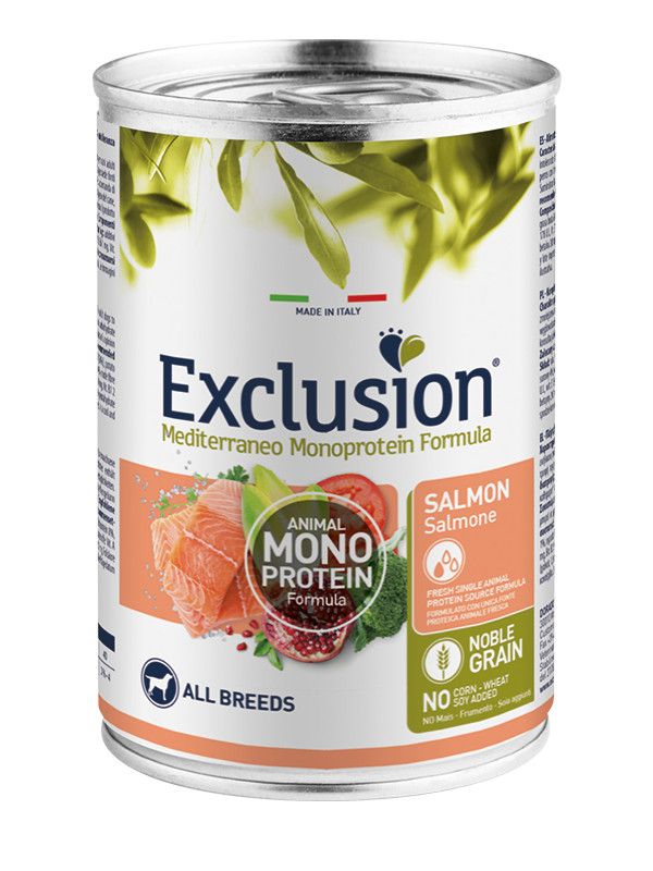 Exclusion Mediterraneo Monoprotein Noble Grain Umido Salmone Cani Adulti Lattina 400g-1