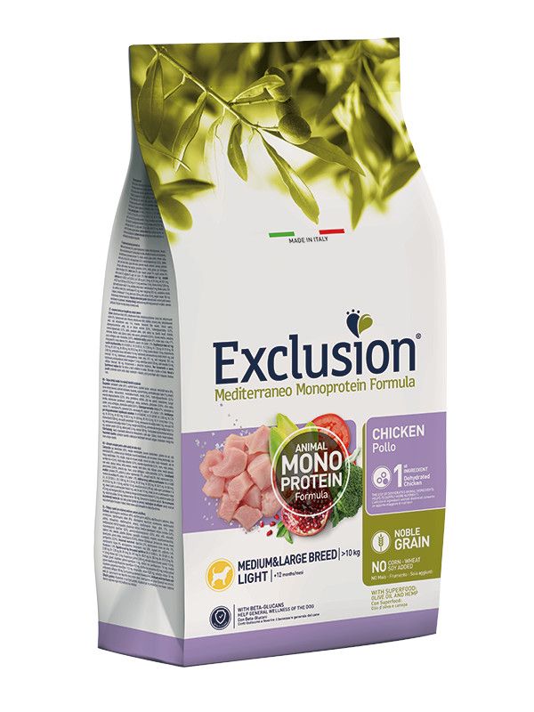 Exclusion Mediterraneo Monoprotein Noble Grain Crocchette Pollo Light Cani Sacco 12kg-1