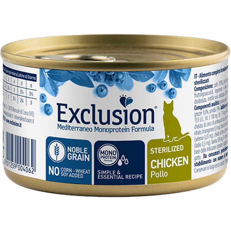 Exclusion Mediterraneo Monoprotein Noble Grain Umido Pollo Gatti Sterilizzati Lattina 85g-1