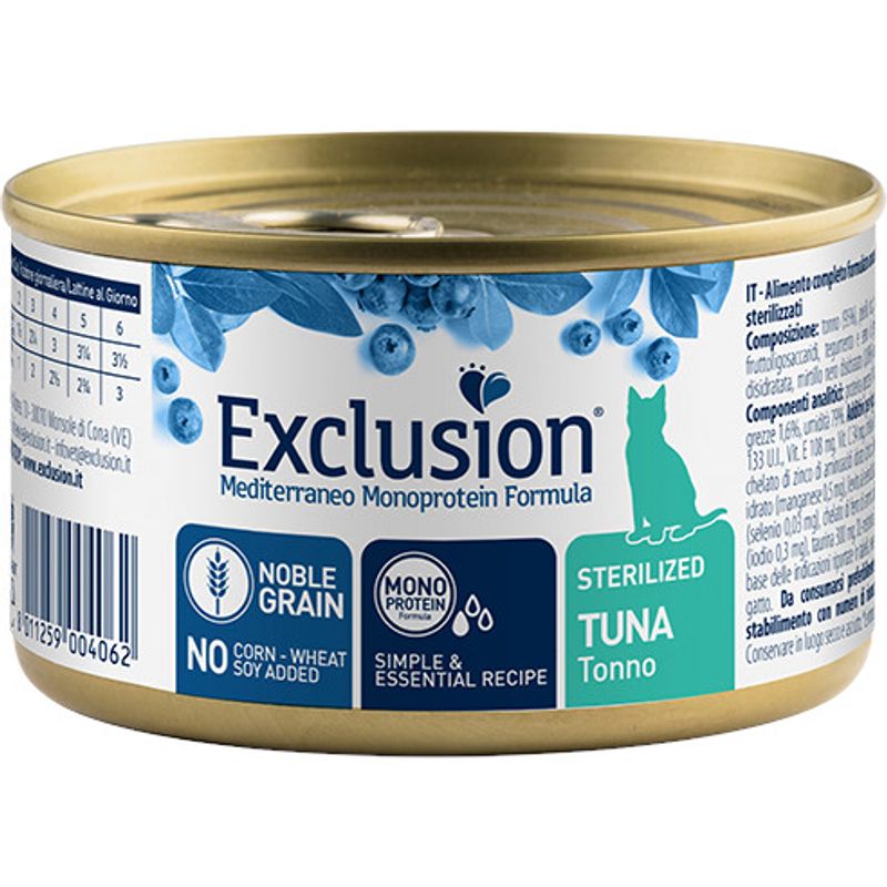 Exclusion Mediterraneo Monoprotein Noble Grain Umido Tonno Gatti Sterilizzati Lattina 85g-1
