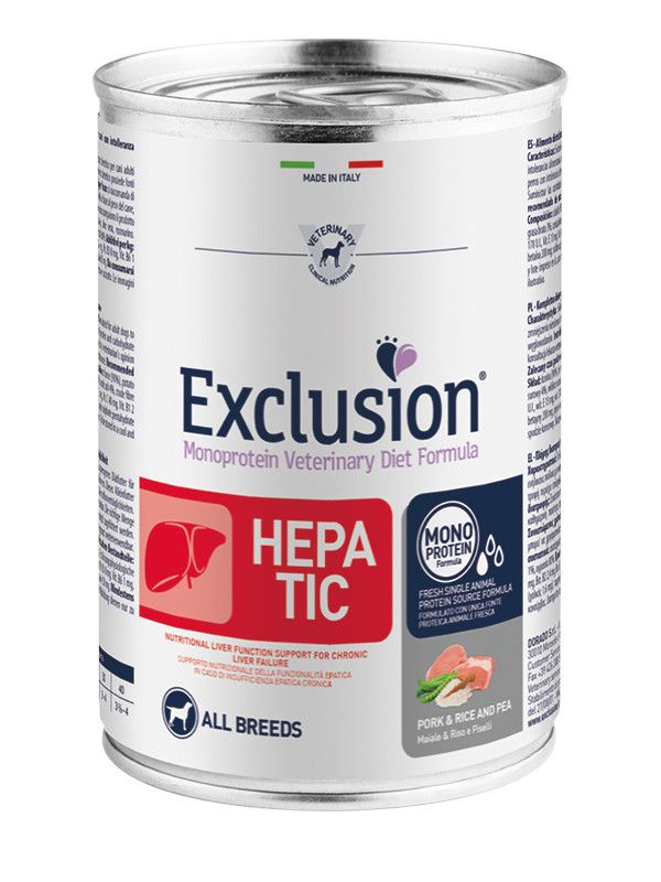 Exclusion Monoprotein Veterinary Diet Formula Hepatic Umido Suino/Riso/Piselli Cani Lattina 200g-1
