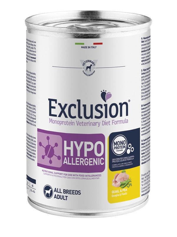 Exclusion Monoprotein Veterinary Diet Formula Hypoallergenic Umido Quaglia/Piselli Cani Lattina 400g-1