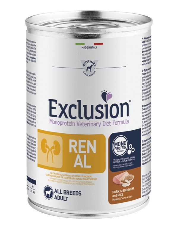 Exclusion Monoprotein Veterinary Diet Formula Renal Umido Sorgo/Suino/Riso Cani Lattina 400g-1