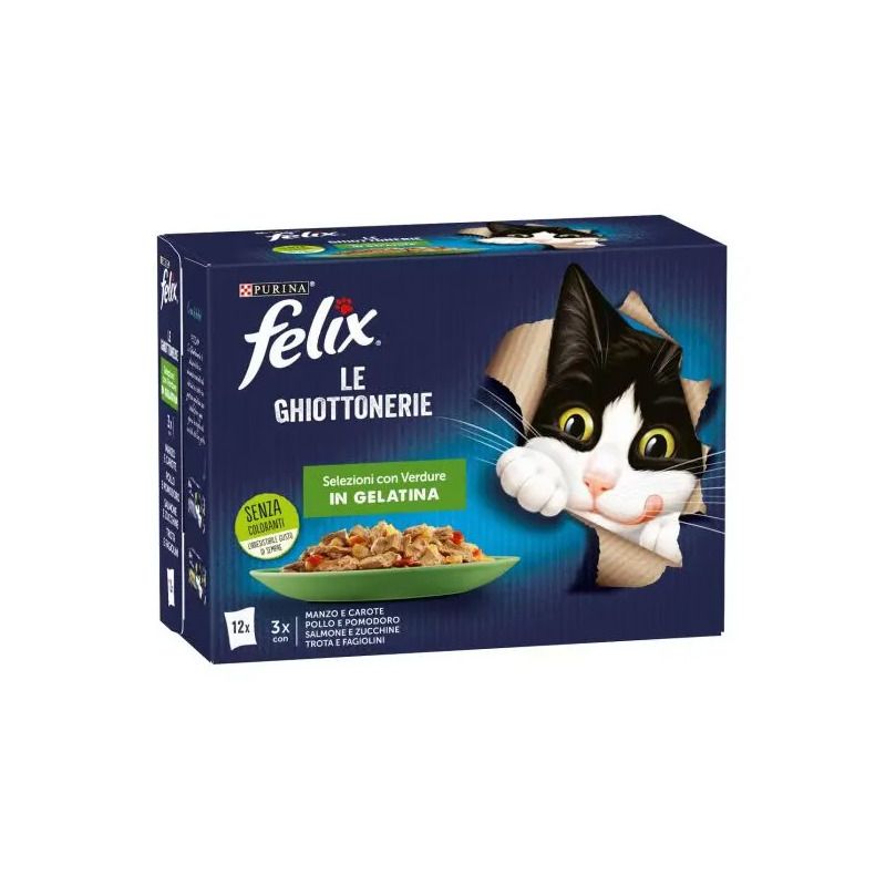 Purina Felix Le Ghiottonerie Manzo/Pollo /Salmone/Trota Con Verdure Cibo Umido Gatti Adulti Busta 12-1