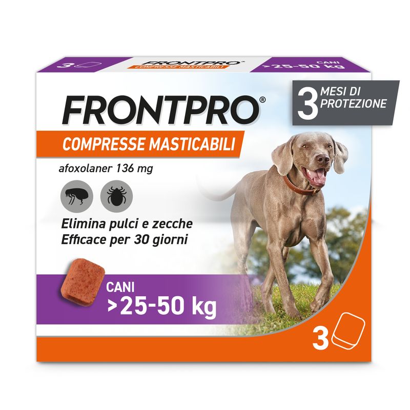 Frontpro Contro Pulci E Zecche 3 Compresse Masticabili Per Cani 25-50 Kg 136 Mg-1