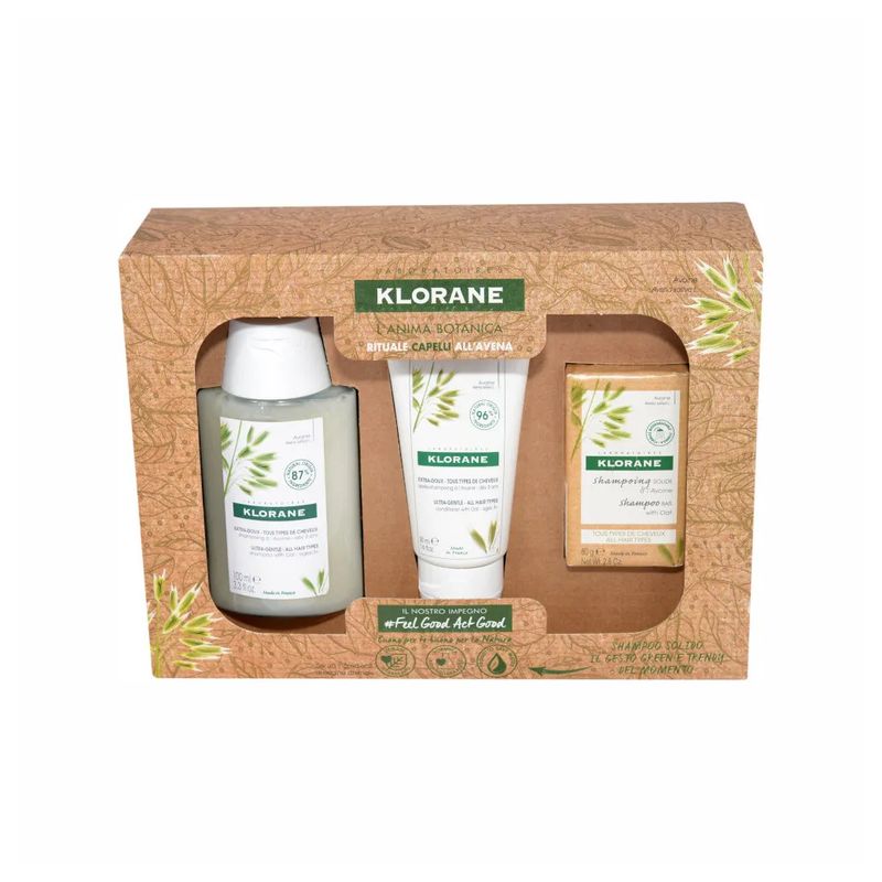 Klorane Cofanetto Rituale Capelli Normali all'Avena shampoo 100ml + balsamo 50ml + shampoo solido 80-1