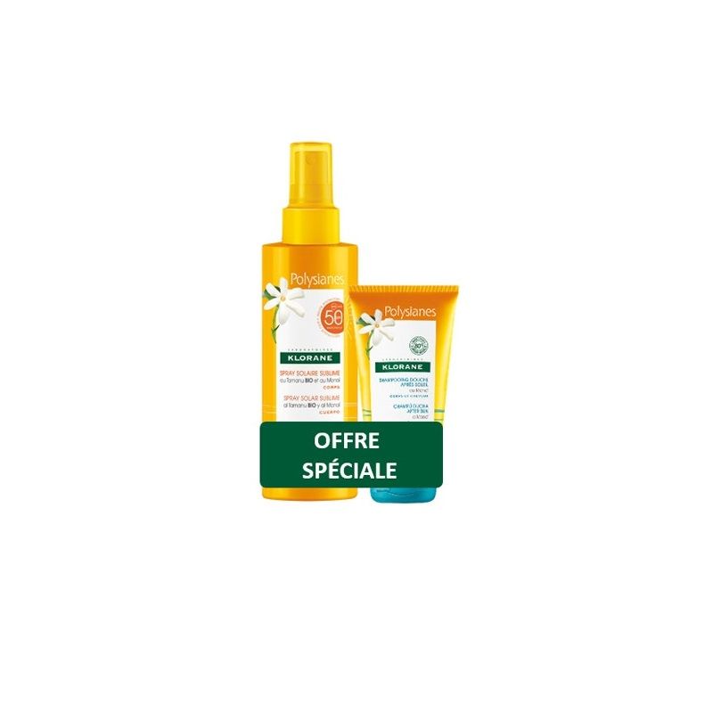Klorane Kit Polysianes spray solare Tamanu Monoi SPF50 200ml + shampoo doccia Monoi 75ml-1