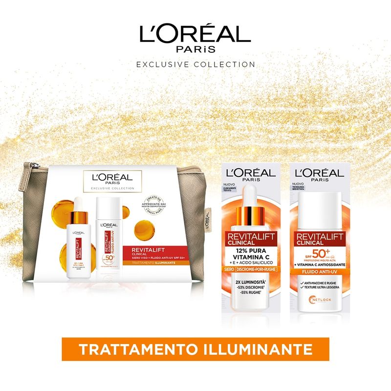 L'Oréal Paris Pochette Revitalift Clinical con Siero Viso+Fluido Anti-UV SPF 50+Routine Illuminante-1