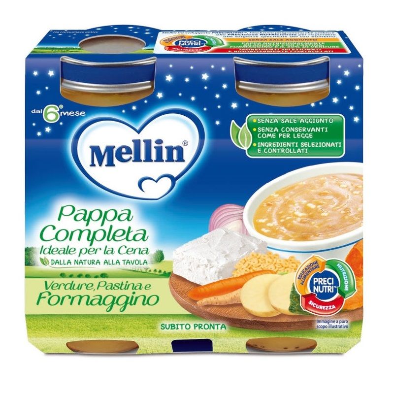 Mellin Cena Completa Pastina Verdure Formaggino 6 Mesi+ 2x200g-1