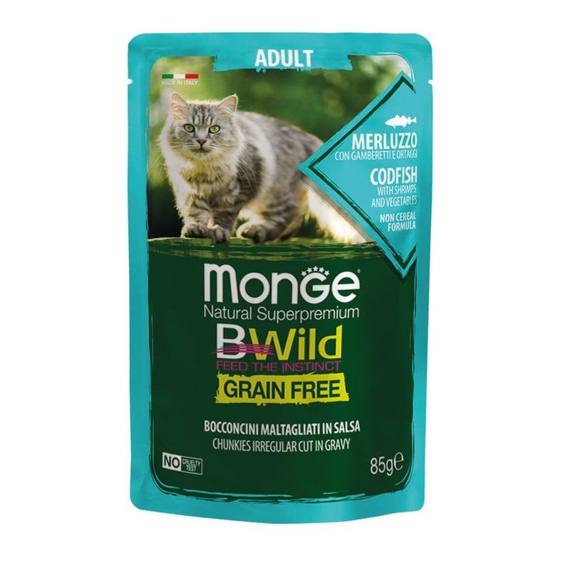 Monge B Wild Grain Free Merluzzo Gamberetti E Ortaggi Cibo Umido Per Gatti Adulti 85g-1