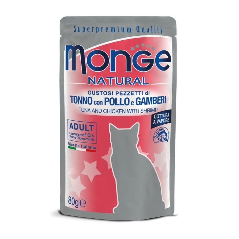 Monge Natural Superpremium Cotti a Vapor Tonno Pollo Gamberetti Cibo Umido Per Gatti Adulti 80g-1
