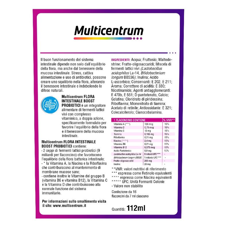 Multicentrum Flora Intestinale Boost Probiotici Integratore Fermenti Lattici Intestino 16 Flaconcini-5