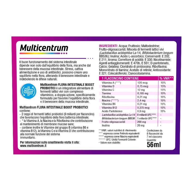 Multicentrum Flora Intestinale Boost Probiotici Integratore Fermenti Lattici Intestino 8 Flaconcini-5