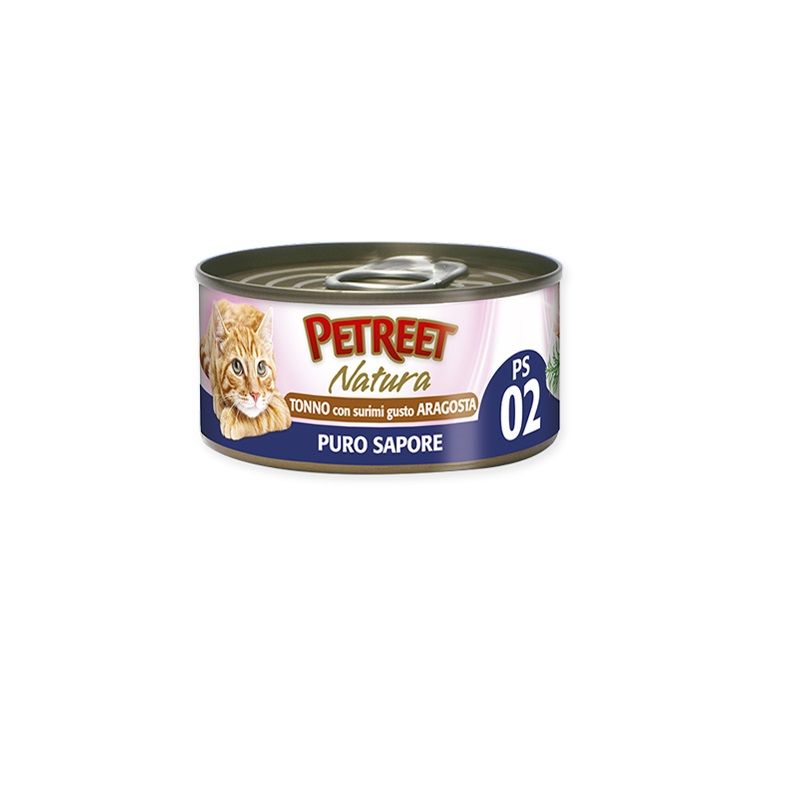 Petreet Puro Sapore Tonno con Surimi al Sapore di Aragosta alimento umido per gatti adulti 70g-1