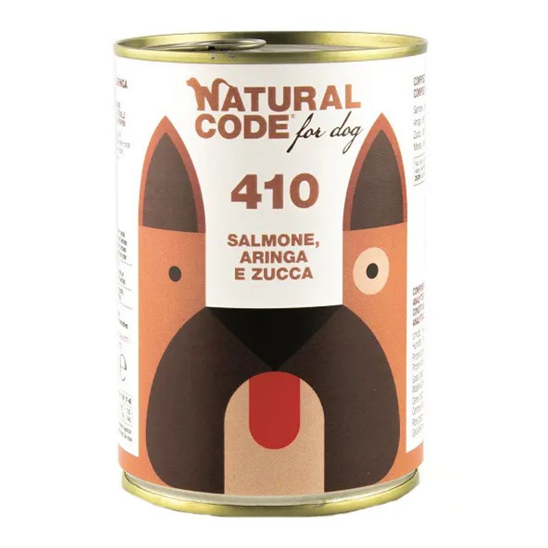 Natural Code 410 Cibo Umido Salmone Aringa Zucca Per Cani Adulti Scatoletta 400g-1