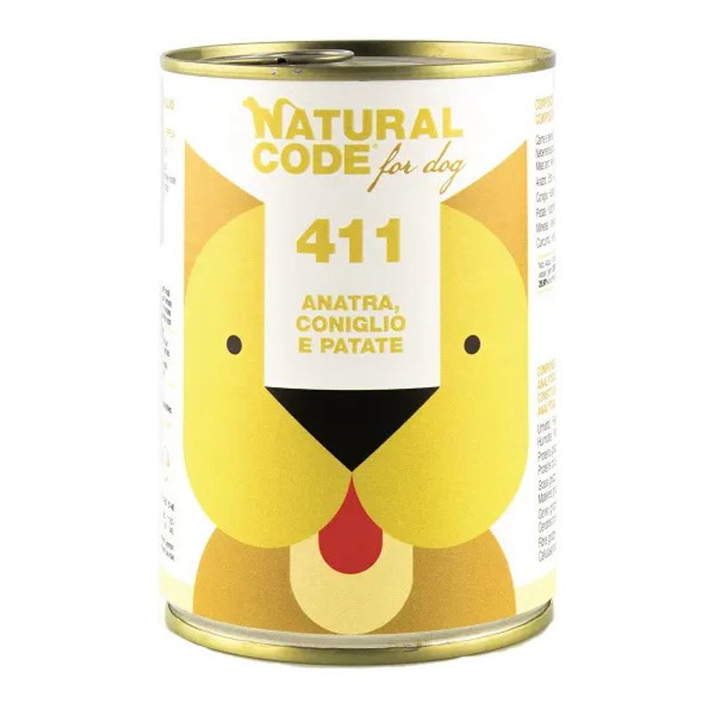 Natural Code 411 Cibo Umido Anatra Coniglio e Patate Per Cani Adulti Scatoletta 400g-1