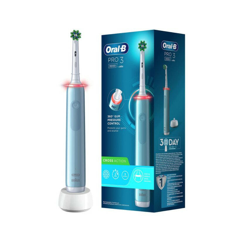 Oral-B Pro 3 Blue Crossaction Spazzolino Elettrico Con Sensore Di Pressione Dello Spazzolamento + 1-2