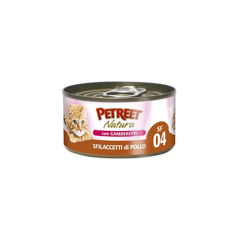 Petreet Natura Sfilaccetti di Pollo con Gamberetti alimento umido per gatti adulti 70g-1