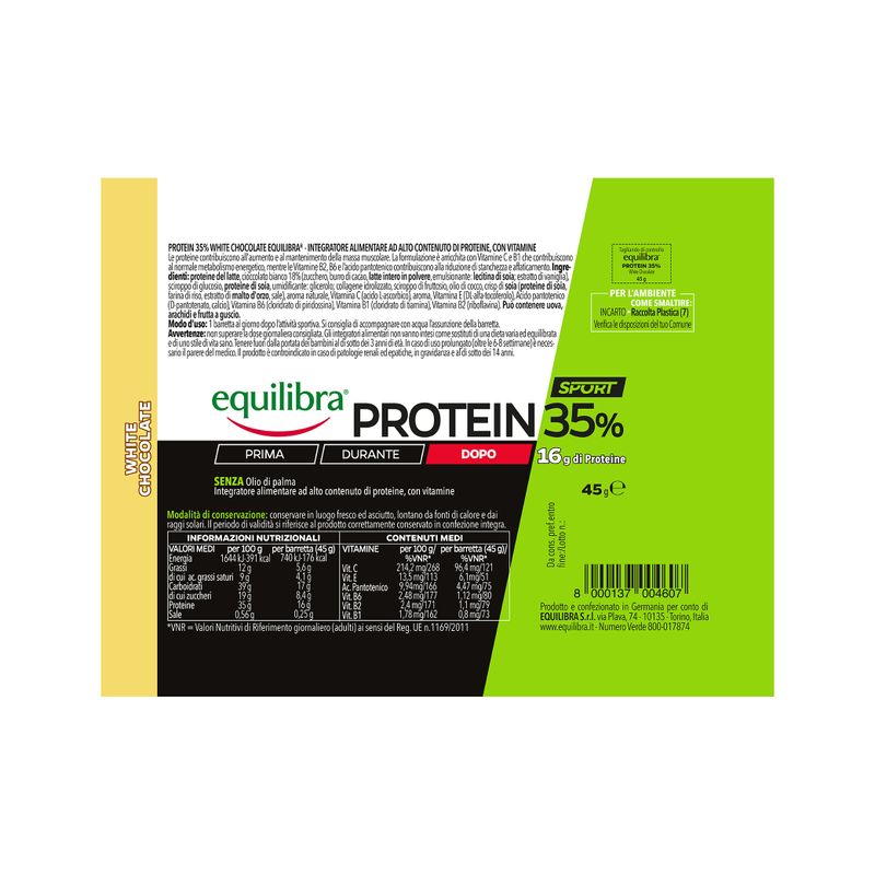 Equilibra Sport Protein 35% White Chocolate barretta proteica gusto cioccolato bianco 45g-2