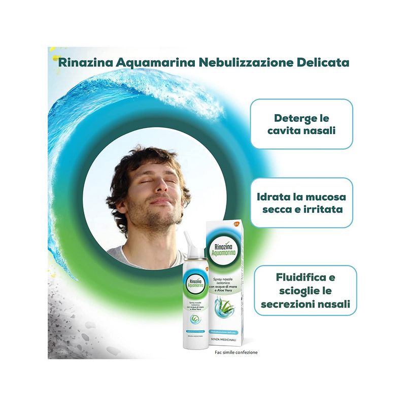 Rinazina Aquamarina Spray Nasale Isotonico Delicato Lavaggio Nasale Acqua Di Mare E Aloe Vera 100 ml-6
