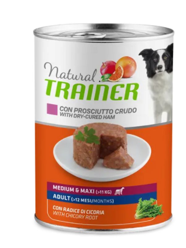 Natural Trainer Cibo Umido Prosciutto Crudo/Riso Per Cani Adulti Taglia Media/Grande Lattina 400g-1