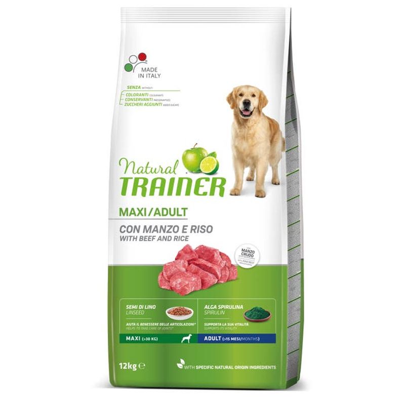 Natural Trainer Crocchette Manzo/Riso Per Cani Adulti Taglia Grande Sacco 12kg-1