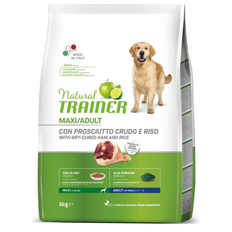 Natural Trainer Crocchette Prosciutto Crudo/Riso Per Cani Adulti Taglia Grande Sacco 3kg-1