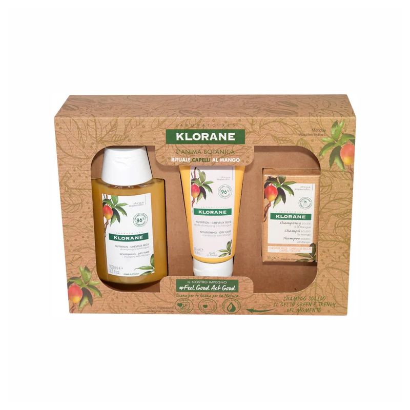 Klorane Cofanetto Rituale Capelli Secchi al Mango shampoo 100ml + balsamo 50ml + shampoo solido 80g-1