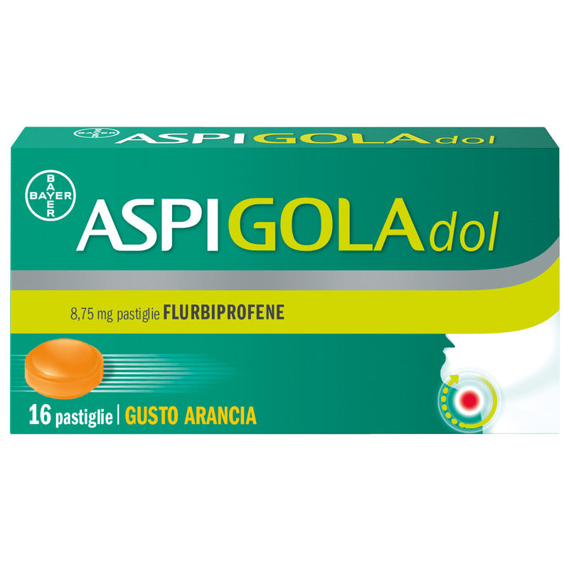 Aspi Gola Dol Caramelle Gola Antinfiammatorio per Mal di gola 16 Pastiglie Senza Zucchero Arancia