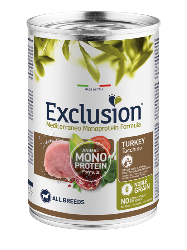 Exclusion Mediterraneo Monoprotein Noble Grain Umido Al Tacchino Per Cani Lattina 400g