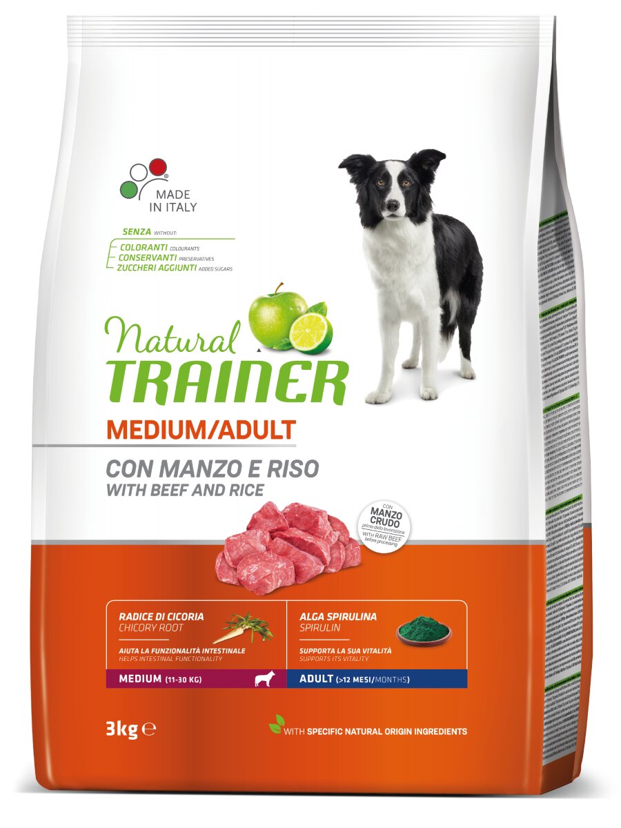 Image of Natural Trainer Crocchette Manzo/Riso Per Cani Adulti Taglia Media Sacco 3kg