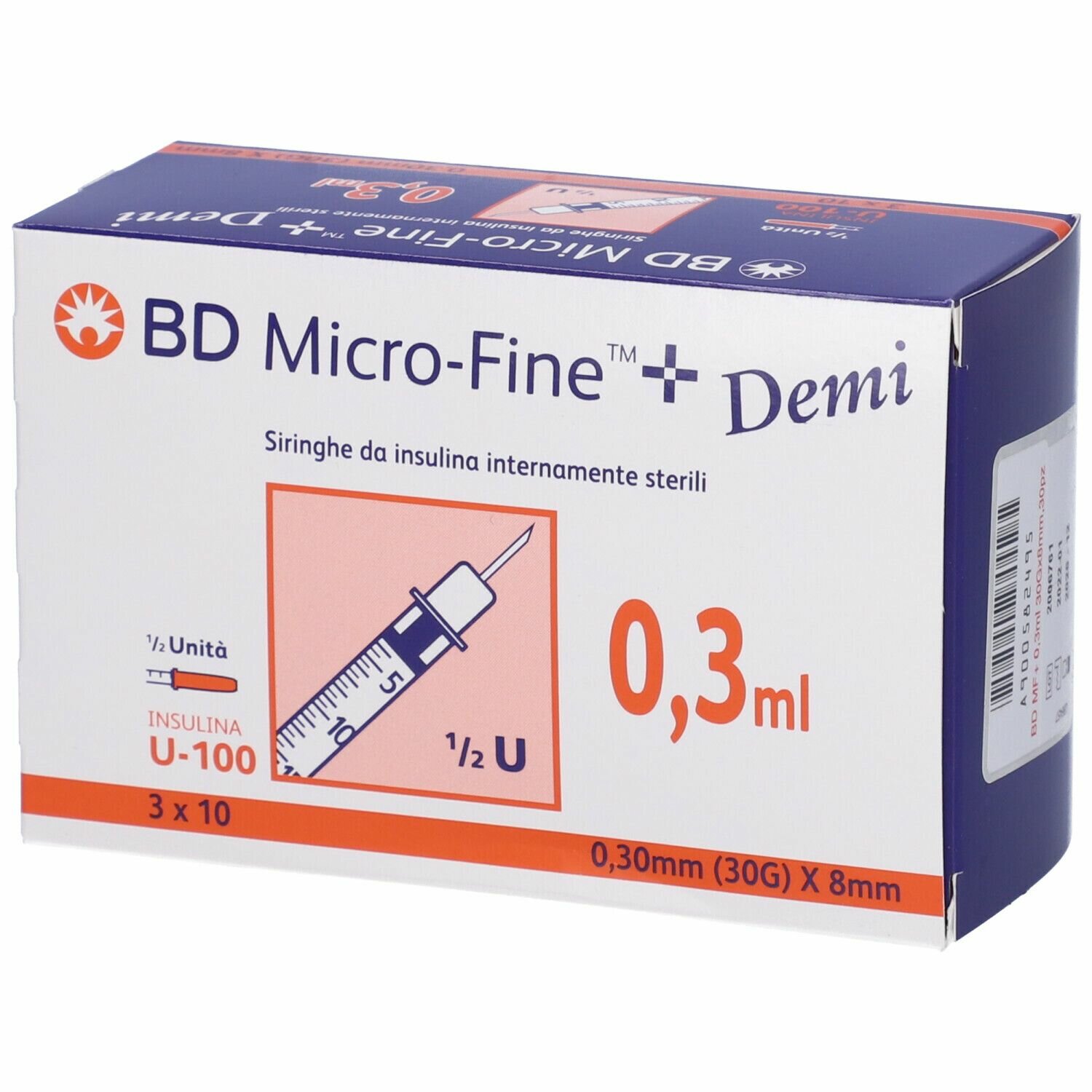 Image of BD Demi siringhe per insulina 0,3ml G30 8mm 30 siringhe