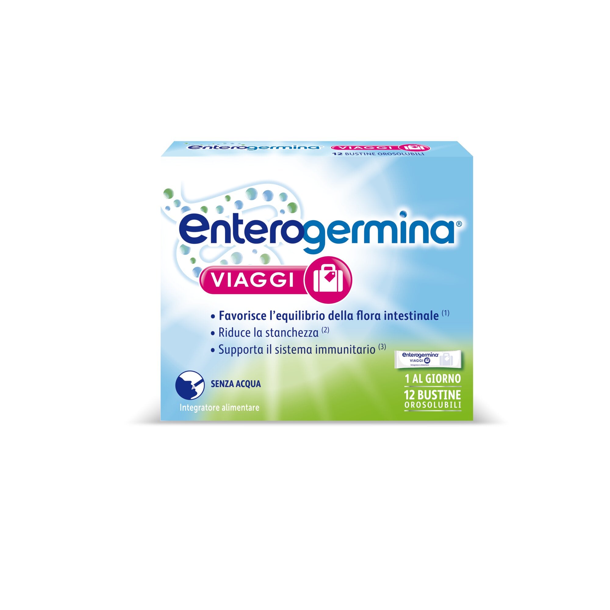Enterogermina Viaggi Regolarità Intestinale Probiotici Vitamina A B12 B6 B9 e Vitamina D 12 Bustine