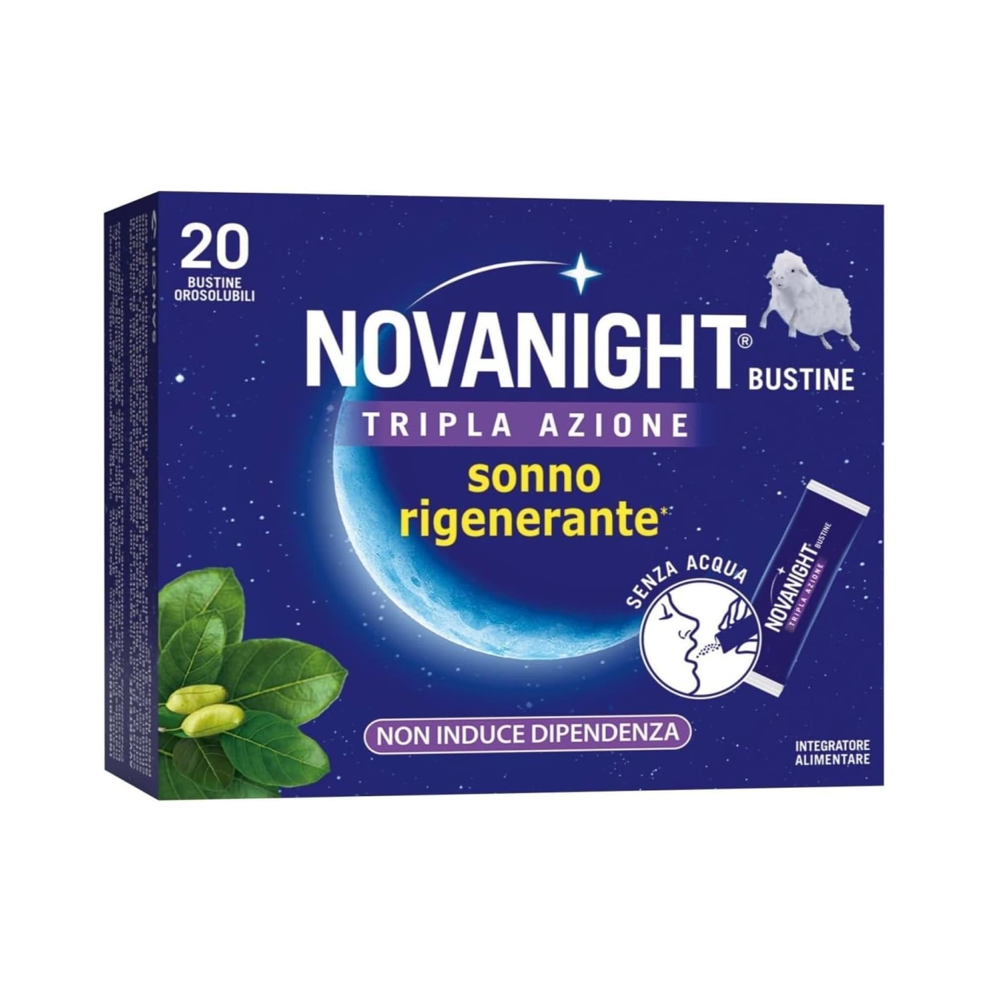 Novanight Tripla Azione con Melatonina per Dormire Magnesio Griffonia 20 Bustine Orosolubili