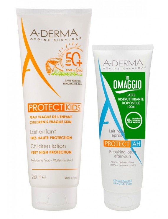 A-Derma Protect Latte solare viso e corpo SPF50+ protezione molto alta 250ml+ Doposole Ristrutturant