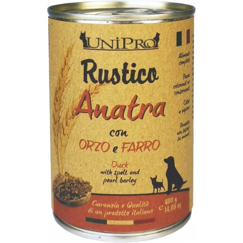 Image of Unipro Rustico Anatra Orzo Farro Cibo Cane Adulto Barattolo 400g