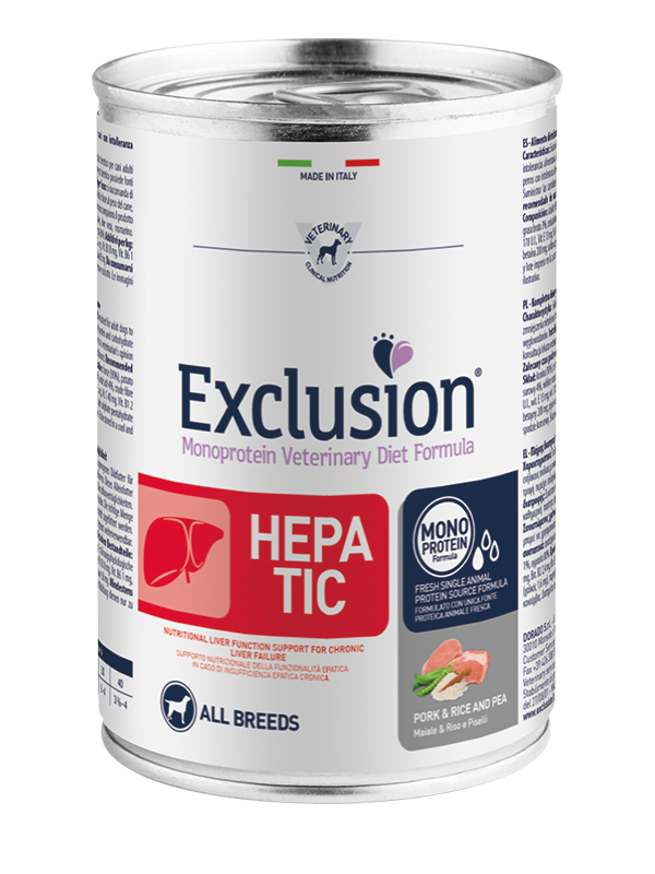 Image of Exclusion Veterinary Diet Hepatic Pork Rice And Pea Cani Adulti Lattina 400g