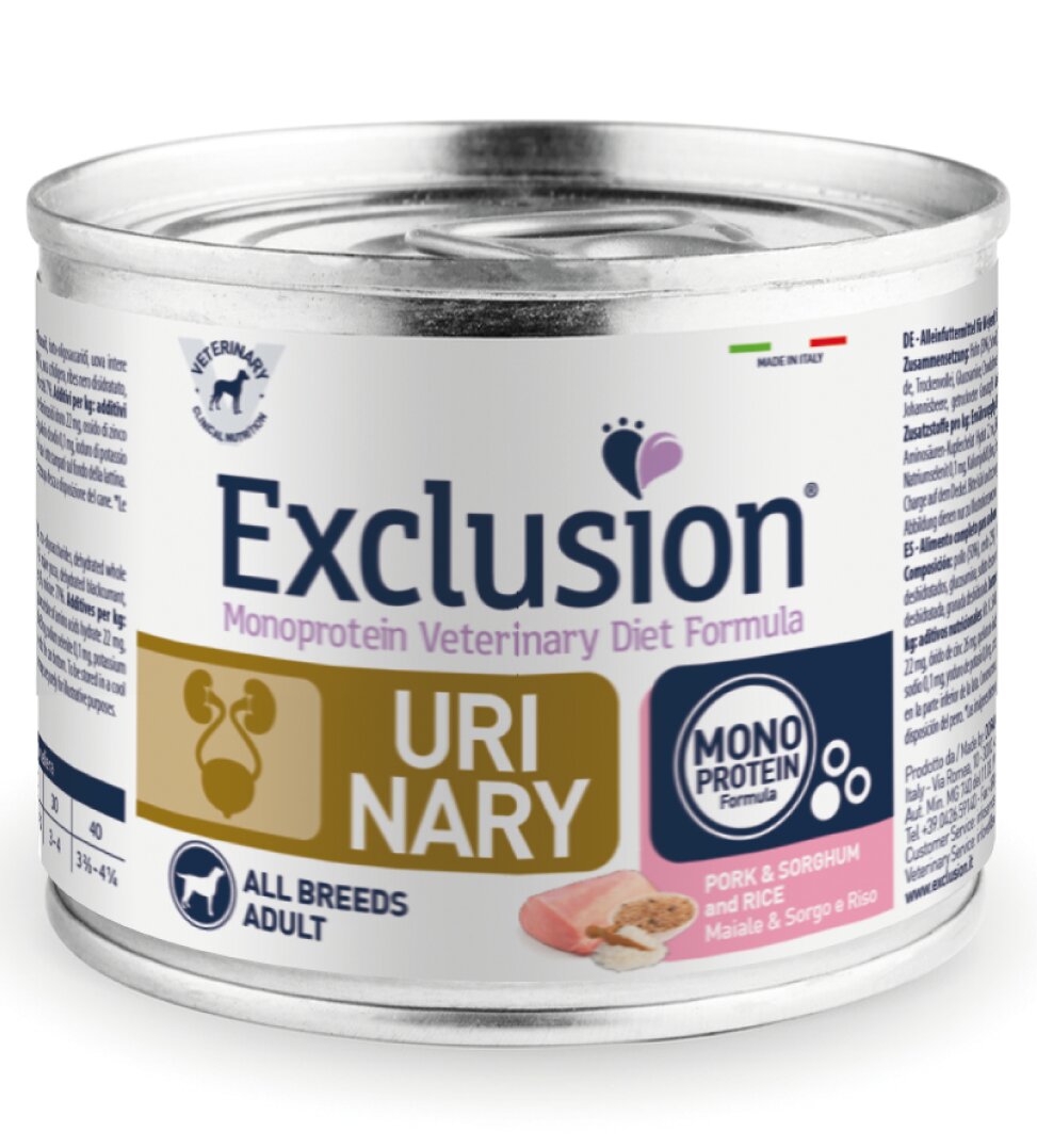 Exclusion Monoprotein Veterinary Diet Formula Urinary Umido Sorgo/Suino/Riso Cani Lattina 200g-1